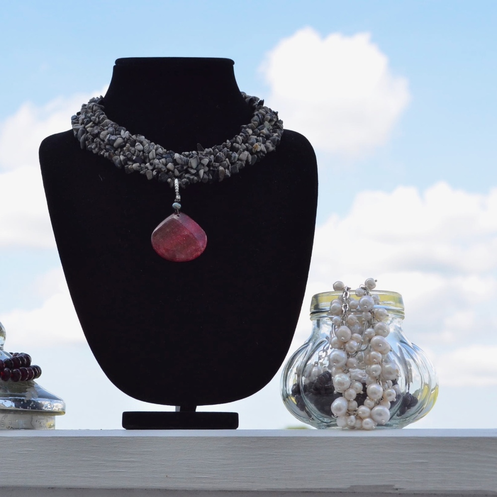 Black Jasper Rhodolite sterling Statement Necklace